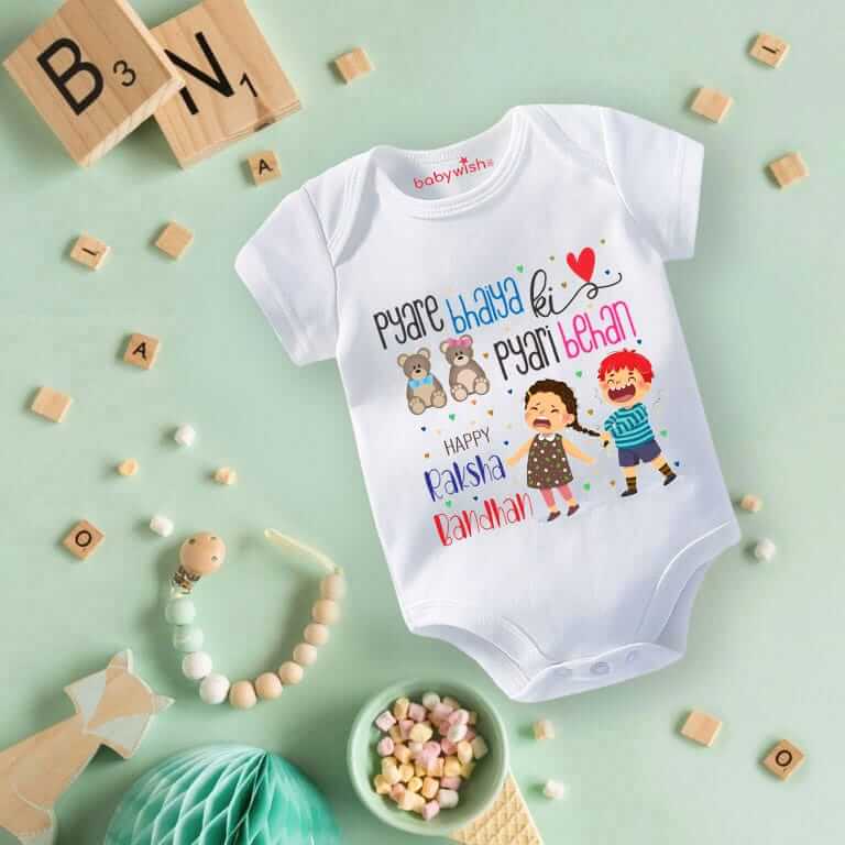 Rakshabandhan Romper for Kids, Brother Sister Matching Outfit, Cute Rakhi Festival Gift, Soft Cotton Half Sleeve Onesie for Boys & Girls – Babywish