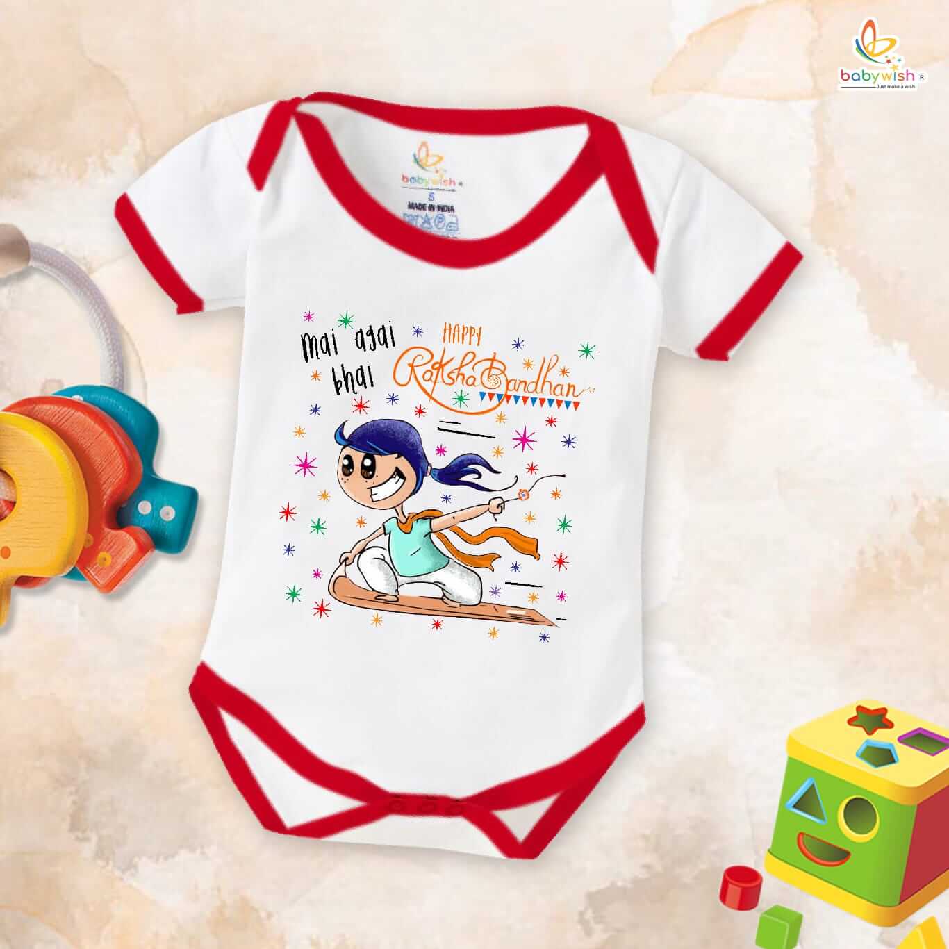 Rakshabandhan Romper for Kids, Brother Sister Matching Outfit, Cute Rakhi Festival Gift, Soft Cotton Half Sleeve Onesie for Boys & Girls – Babywish