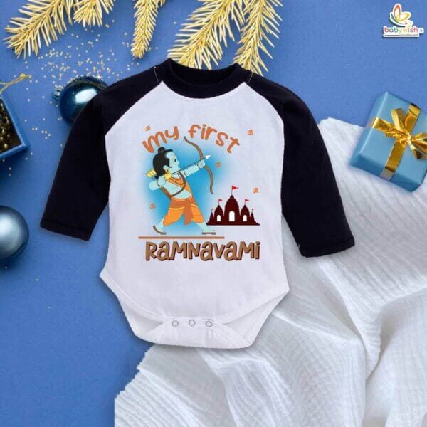 My First Ramnavmi Baby Romper – Full Sleeve Bodysuit “My First Ram Navami” – Traditional Festival Outfit for Infant Boy or Girl – Hindu Ramnavmi Celebration Dress – Babywish - Image 3