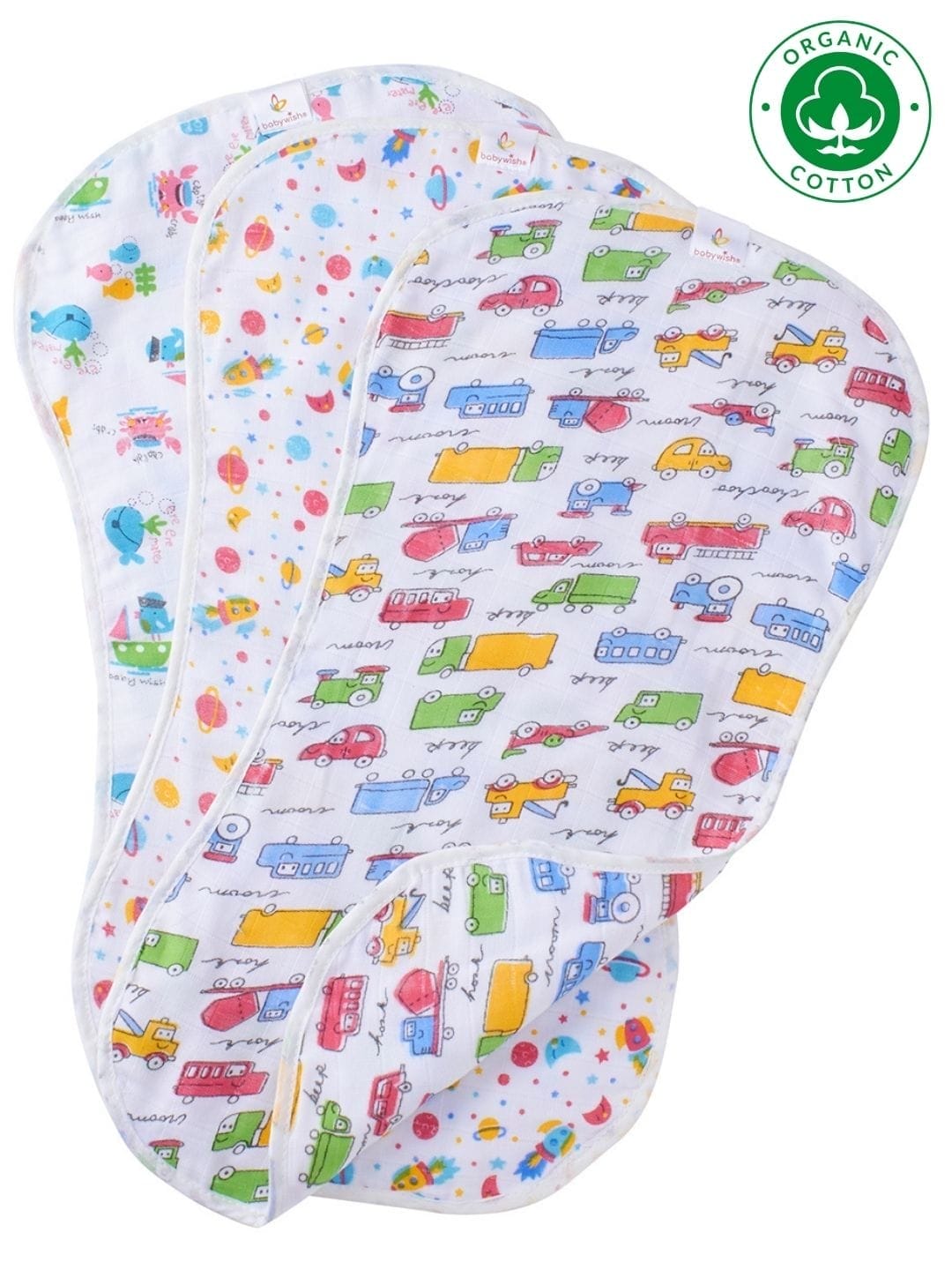Organic Burp Cloths for Baby Boys and Girl Triple Layer Multipurpose Muslin Burp Gift set - Car,Space & Marine Theme Set of 3