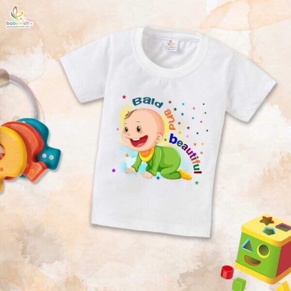 First Mundan ceremony T-shirt for Kids Clothes Unisex occasion mundan Topwear Outfit Half Sleeve for Boy n Girl | Bald And Beautiful | - Image 2