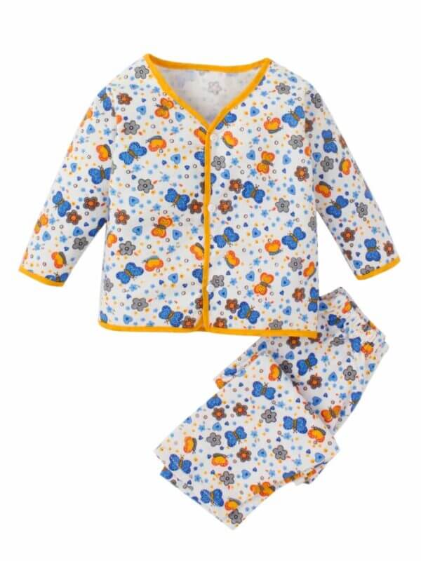 kids top bottom baby Jhabla Set Full Sleeve Pure Flannel kids tshirt Jhabla pajama set - Blue Butterfly Print