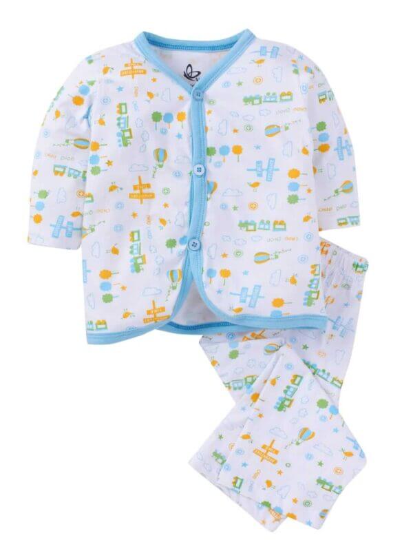 kids top bottom baby Jhabla Set Full Sleeve Pure Cotton kids tshirt Jhabla pajama set - Blue Magic Train Print