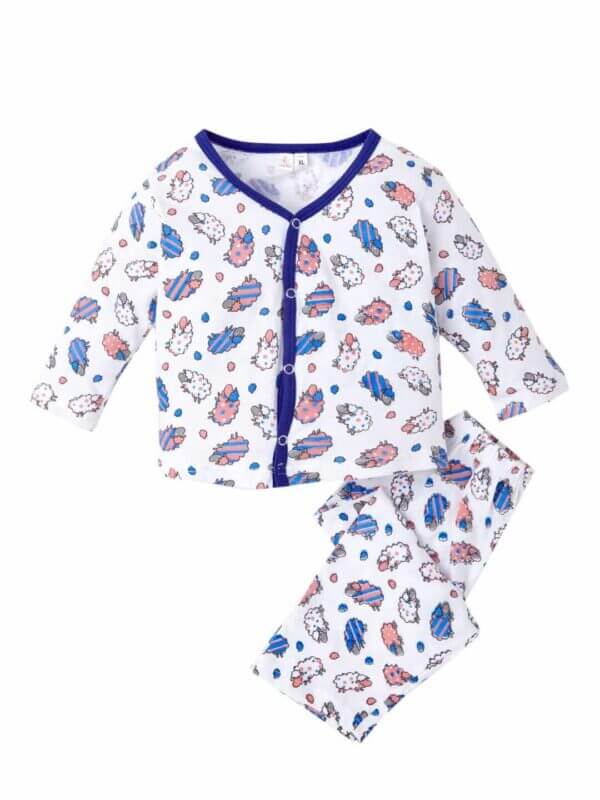 kids top bottom baby Jhabla Set Full Sleeve Pure Cotton kids tshirt Jhabla pajama set - Blue Sheep Print
