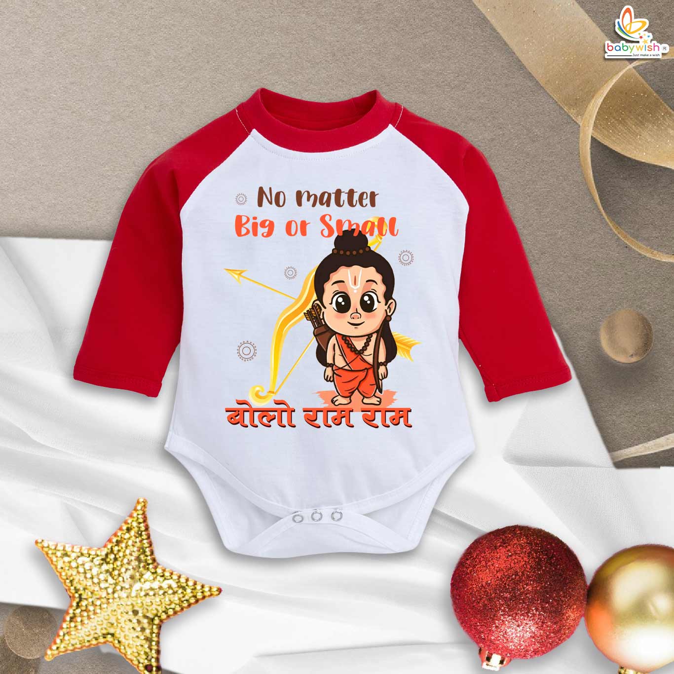 My First Ramnavmi Baby Romper – Full Sleeve Bodysuit “No Matter Big or Small, Bolo Ram Ram” – Traditional Hindu Festival Outfit for Infant Boy or Girl – Babywish