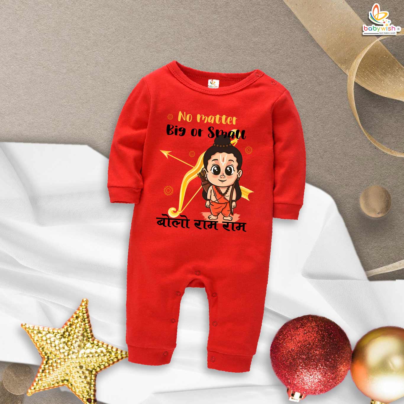 My First Ramnavmi Baby Full Bodysuit – “No Matter Big or Small, Bolo Ram Ram” Full Body Romper – Infant Hindu Festival Outfit for Ram Navami Celebration – Babywish