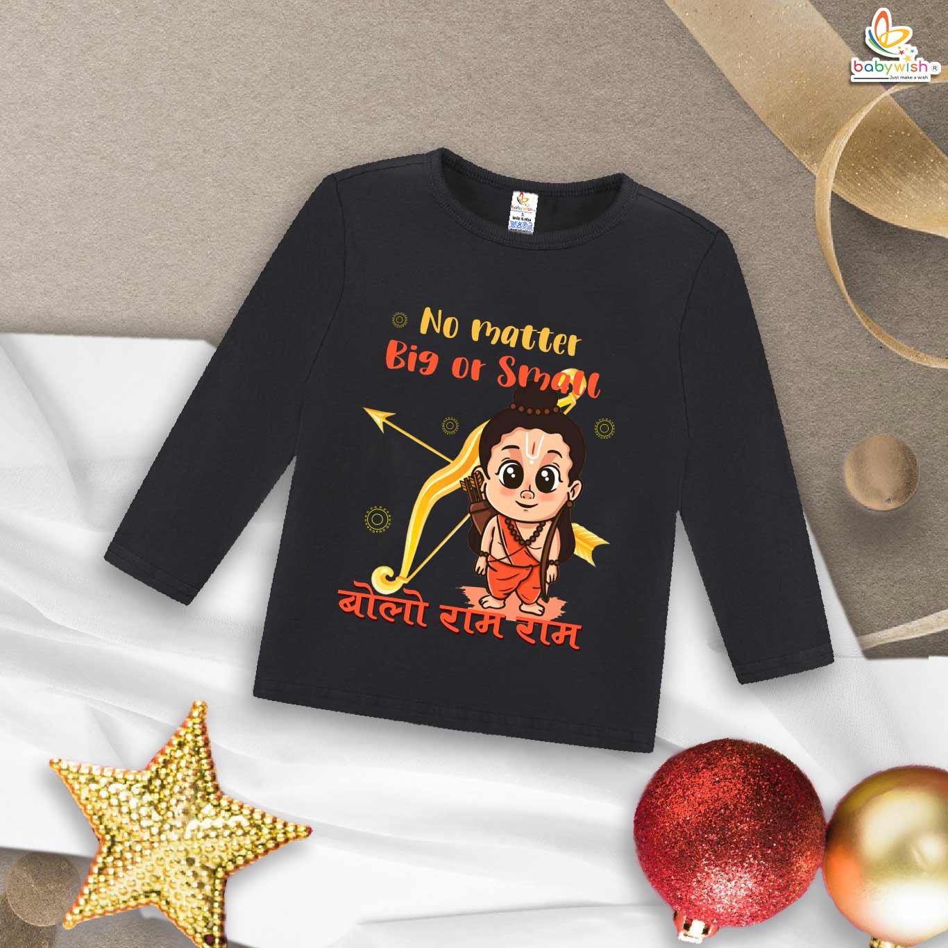 My First Ramnavmi Baby T-Shirt – Full Sleeve “No Matter Big or Small, Bolo Ram Ram” Outfit for Infant Boy or Girl – Cute Traditional Ram Navami Festival Wear – Babywish