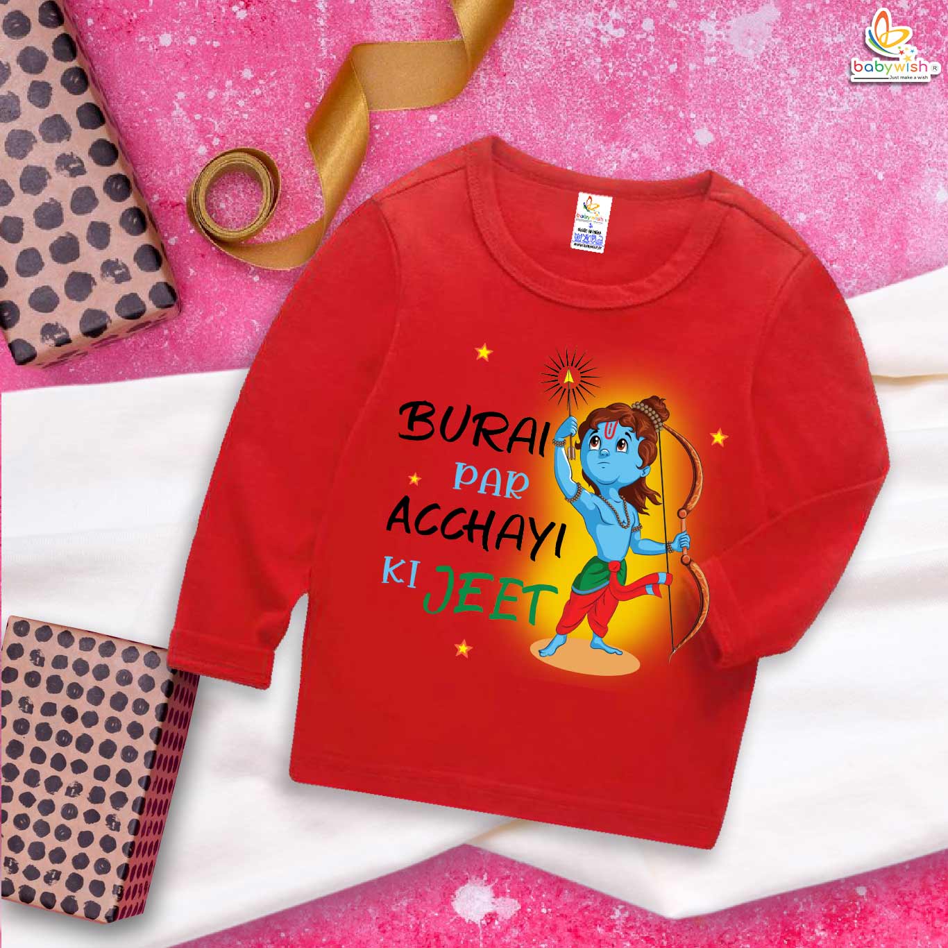 My First Ramnavmi Baby T-Shirt – Full Sleeve “Burai Par Acchayi Ki Jeet” Outfit for Infant Boy or Girl – Traditional Hindu Festival Wear for Ram Navami – Babywish