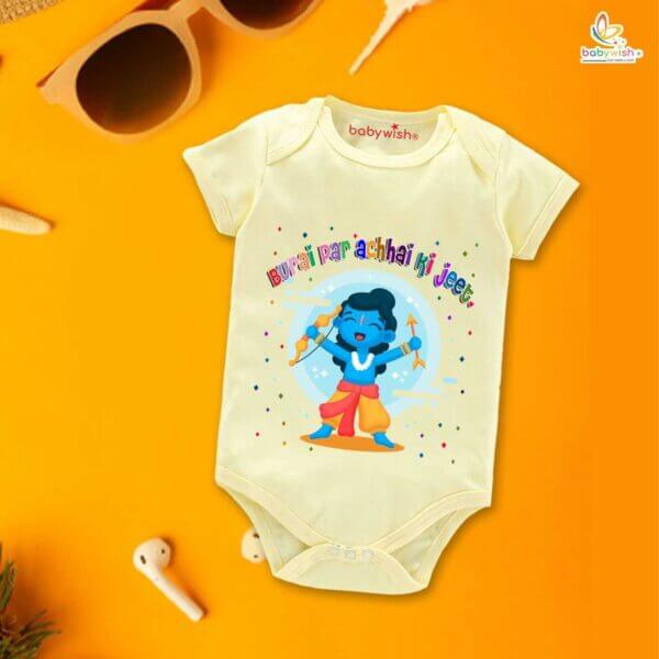 Baby First Ramnavmi Romper Onesies Clothes Baby Navratri festival Bodysuits Newborn Outfit Envelop Neck Half Sleeve Unisex Onesies" Burai par achhai ki Jeet " - Image 4