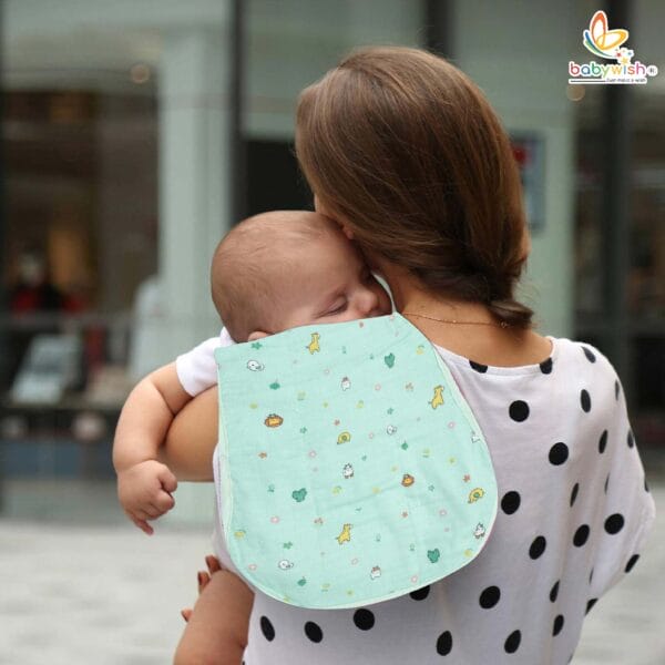 Green muslin burp cloth for babies – soft and absorbent animal print burping towel by Babywish