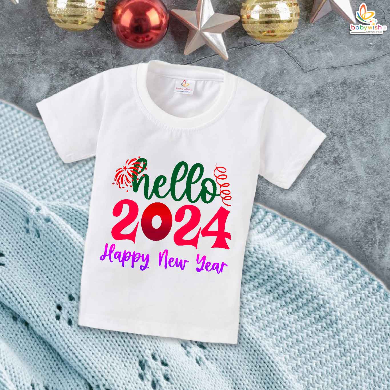 My First New Year T-shirt Hello Happy New Year | Cute Baby Outfit for Boys & Girls | Infant Party Wear Clothes | Printed Half Sleeve Cotton T-shirt for Baby’s First Celebration – Babywish