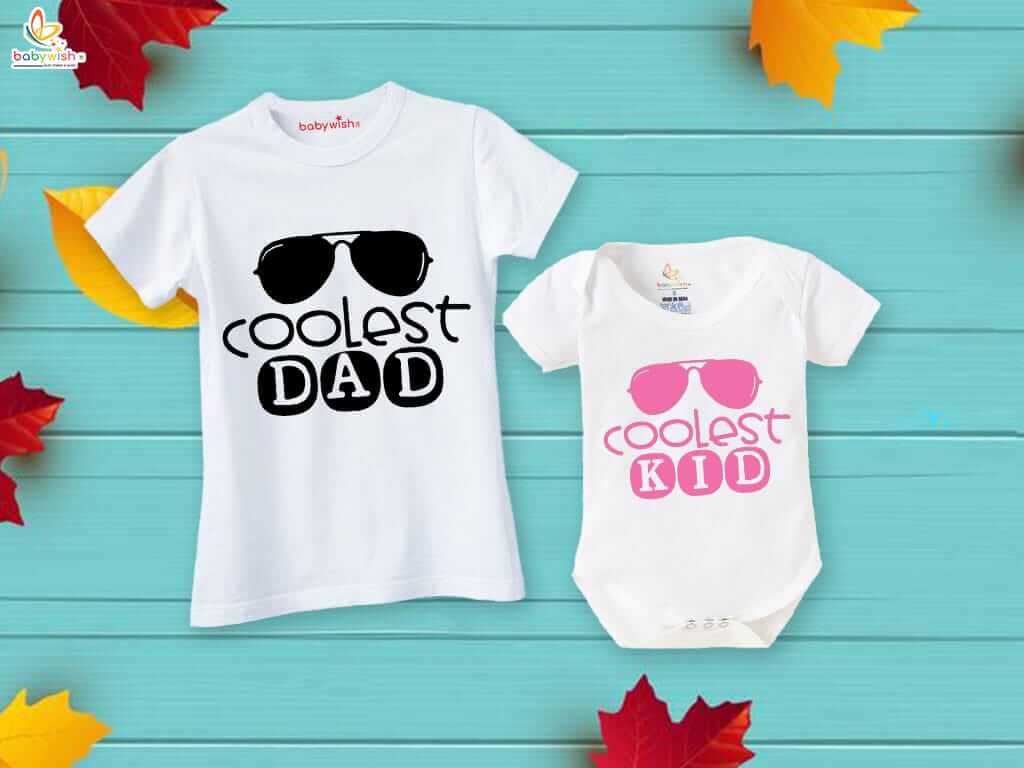 Coolest Dad & Son Matching T-Shirt and Romper Combo for Father's Day | White Outfit Gift Pack of 2 | Fun Dad and Baby Celebration Set for 1st Father’s Day - Babywish