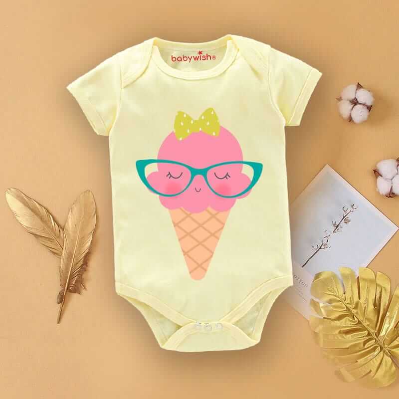 Baby First Birthday Romper Outfit for Newborns – Half Sleeve Bodysuits, Unisex Onesies with Envelop Neck, Cute “Ice-Cream Print” Design