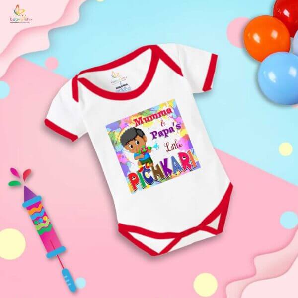 Baby First Holi Romper Clothes Baby holi festival Bodysuits Newborn Outfit Envelop Neck Half Sleeve Unisex Onesies "Boy Playing with Pichkari" - Image 5