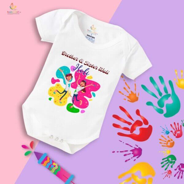 Baby First Holi Romper Clothes Baby holi festival Bodysuits Newborn Outfit Envelop Neck Half Sleeve Unisex Onesies "Brother's & Sister Wali Holi" - Image 5