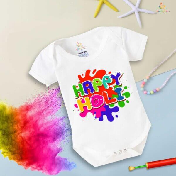 Baby First Holi Romper Clothes Baby holi festival Bodysuits Newborn Outfit Envelop Neck Half Sleeve Unisex Onesies "Colorful Holi" - Image 5