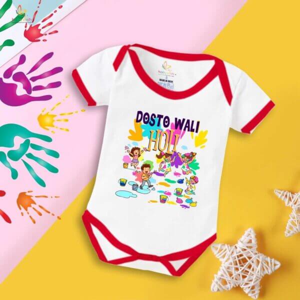 Baby First Holi Romper Clothes Baby holi festival Bodysuits Newborn Outfit Envelop Neck Half Sleeve Unisex Onesies "Dosto Wali Group Holi" - Image 5