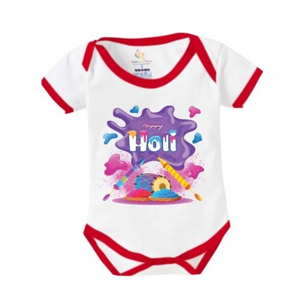 Baby First Holi Romper Clothes Baby holi festival Bodysuits Newborn Outfit Envelop Neck Half Sleeve Unisex Onesies "Flying Holi Color" - Image 5
