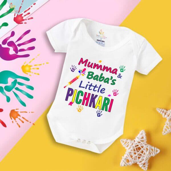 Baby First Holi Romper Clothes Baby holi festival Bodysuits Newborn Outfit Envelop Neck Half Sleeve Unisex Onesies "Baba's Pichkari" - Image 5