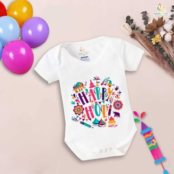 Baby First Holi Romper Clothes Baby holi festival Bodysuits Newborn Outfit Envelop Neck Half Sleeve Unisex Onesies "Happy Holi Jungle Print" - Image 5
