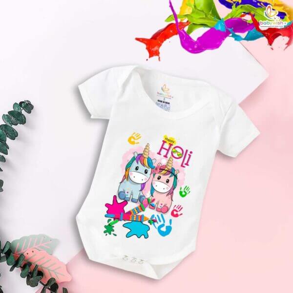 Baby First Holi Romper Clothes Baby holi festival Bodysuits Newborn Outfit Envelop Neck Half Sleeve Unisex Onesies "Holi Celebrations with Unicorn" - Image 5