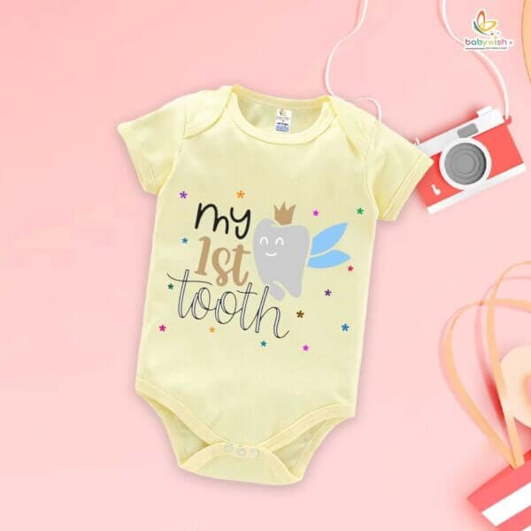 My 1st Tooth Baby Romper – “My First Tooth” Bodysuit with Star Print | Baby Milestone Outfit for Boys & Girls – Babywish - Image 3