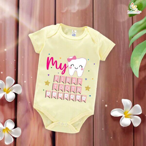 My First Tooth Romper for Baby – “My First Tooth” Milestone Bodysuit with Star Print | Soft Cotton Baby Outfit for Boys & Girls – Babywish - Image 3