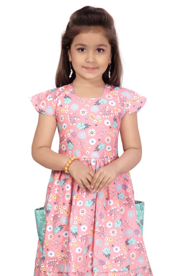 Girl Dress Knee Length Frock Floral Prints Girls Flutter Wings Sleeveless Dress two side pocket Girls Cotton Frock Topwear - All Over Floral Print - Image 6