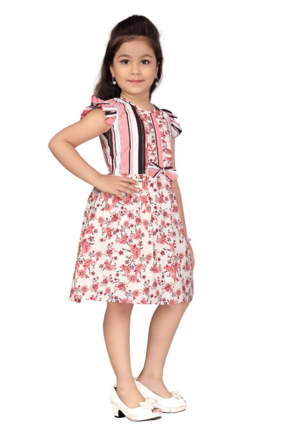 Girl Dress Knee Length Frock Floral Prints Girls Flutter Wings Halfsleeve Dress Girls Cotton Bottom Lace Frock Topwear - Scarlet Rose Print - Image 10