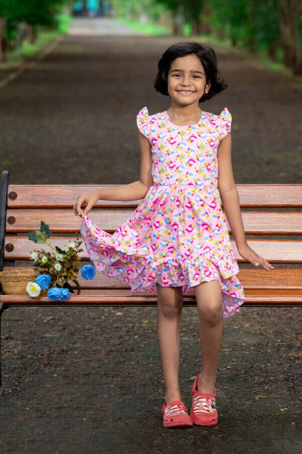 Girl Dress Knee Length Frock Floral Prints Girls Flutter Wings Halfsleeve Dress Girls Cotton Bottom Frock Topwear - Penguin Theme Printed - Image 6
