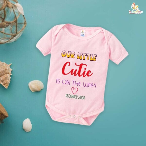 Pregnancy Announcement Baby Romper – Our Little Cutie Is On The Way Bodysuit – Cute Baby Reveal Outfit for Newborn Girl or Boy – Babywish - Image 3