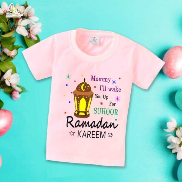 Eid T-shirt for Kids Unisex Ramadan Topwear Outfit Printed Half Sleeve Tshirt Dress for Boy n Girl " Mommy I'll Wake You up for Suhoor " - Image 4