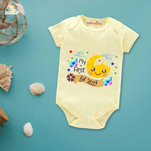 Baby First Eid Romper Clothes Baby Ramadan festival Bodysuits Newborn Outfit Envelop Neck Half Sleeve Unisex Onesies " First Eid Festivals in 2023 " - Image 4
