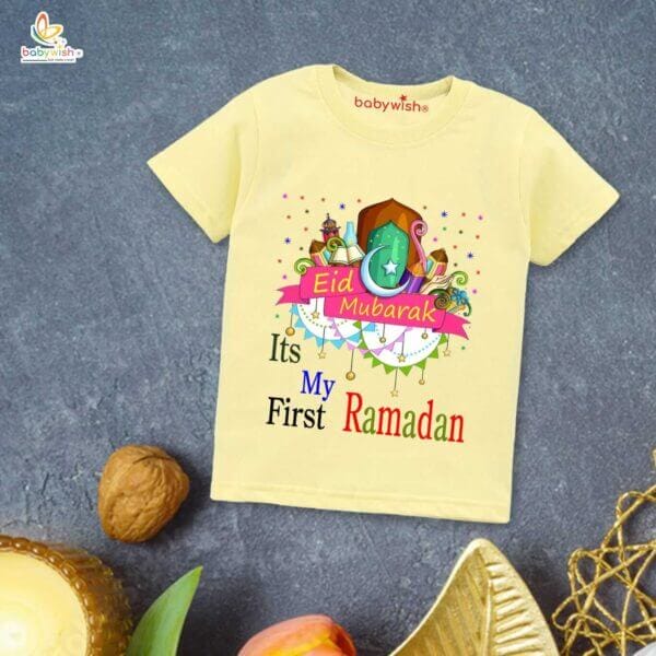 Eid T-shirt for Kids Unisex Ramadan Topwear Outfit Printed Half Sleeve Tshirt Dress for Boy n Girl " It's My First Ramadan " - Image 4