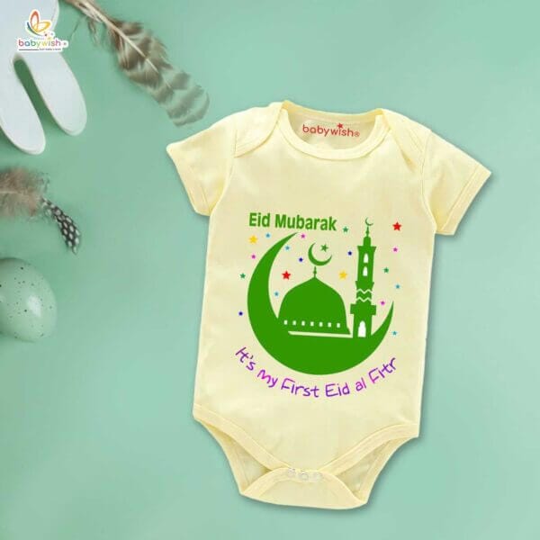 Baby First Eid Romper Clothes Baby Ramadan festival Bodysuits Newborn Outfit Envelop Neck Half Sleeve Unisex Onesies " My First Eid-al-Fitr " - Image 4