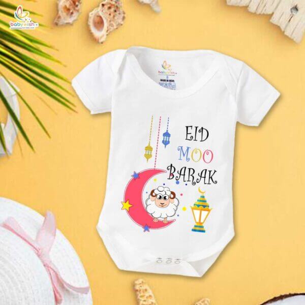 Baby First Eid Romper Clothes Baby Ramadan festival Bodysuits Newborn Outfit Envelop Neck Half Sleeve Unisex Onesies "Eid Moo Barak" - Image 2