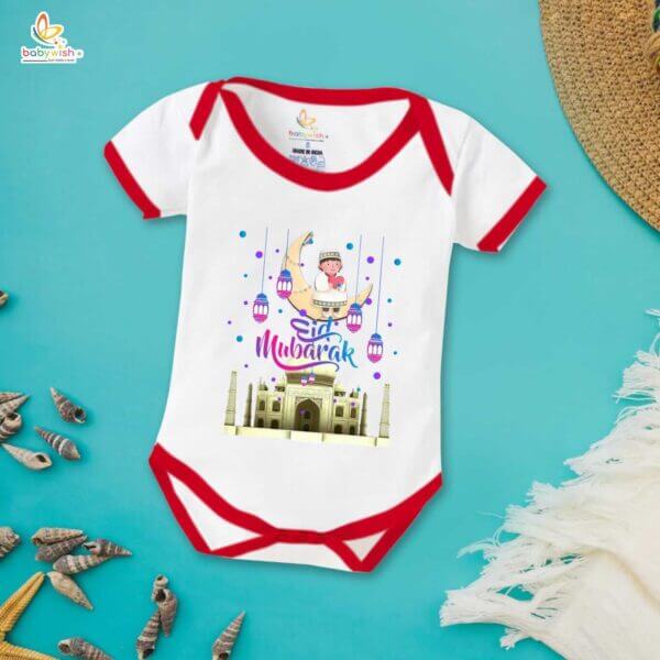 Baby First Eid Romper Clothes Baby Ramadan festival Bodysuits Newborn Outfit Envelop Neck Half Sleeve Unisex Onesies " Eid Mubarak Taj Mahal Print " - Image 5