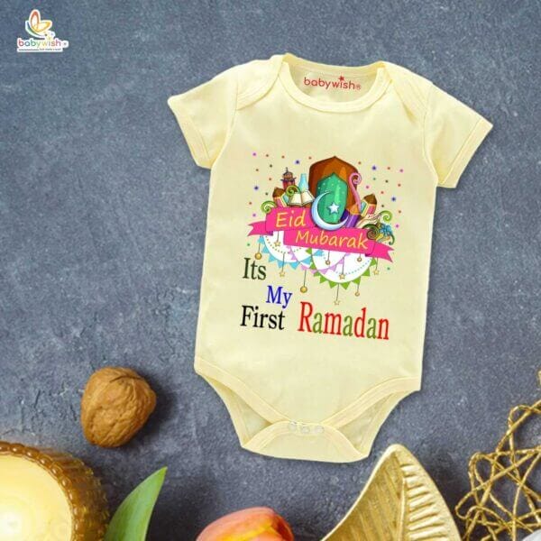 Baby First Eid Romper Clothes Baby Ramadan festival Bodysuits Newborn Outfit Envelop Neck Half Sleeve Unisex Onesies " It's My First Ramadan " - Image 4