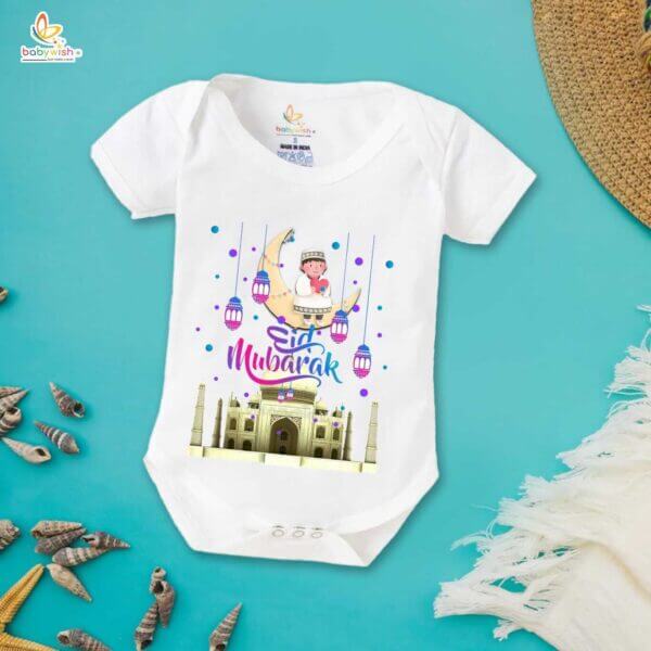 Baby First Eid Romper Clothes Baby Ramadan festival Bodysuits Newborn Outfit Envelop Neck Half Sleeve Unisex Onesies " Eid Mubarak Taj Mahal Print " - Image 2