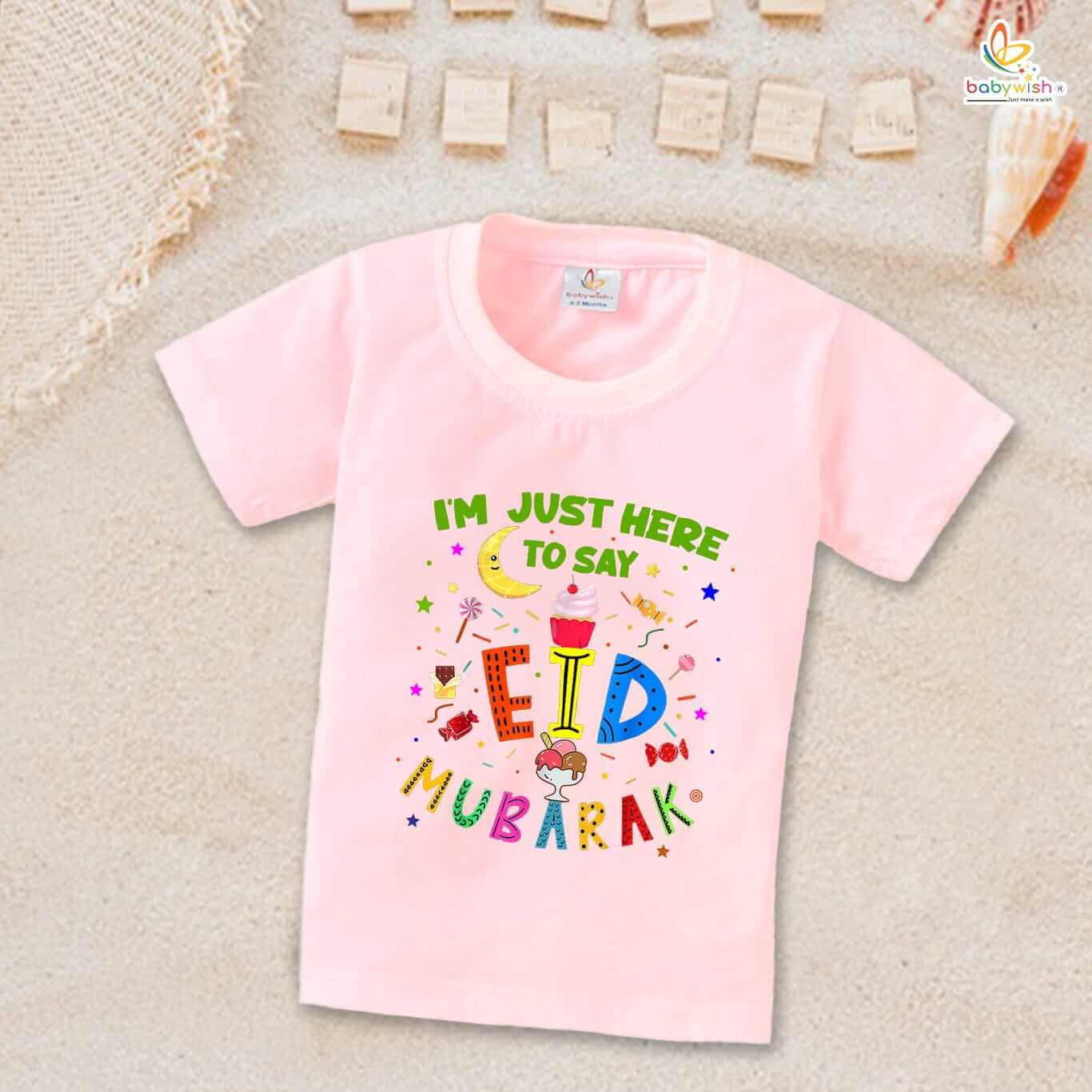 Eid T-shirt for Kids Unisex Ramadan Topwear Outfit | Printed Half Sleeve Tshirt Dress for Boys & Girls | Just to Say Eid Mubarak