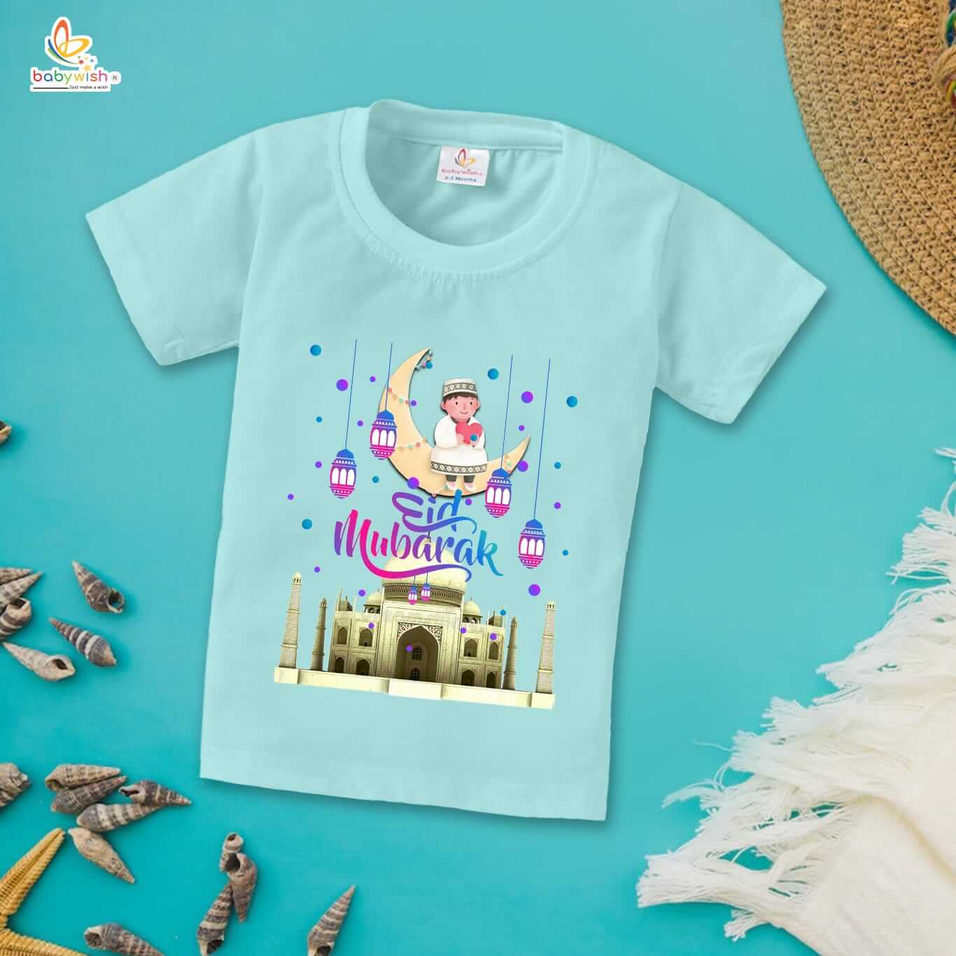 Eid T-shirt for Kids Unisex Ramadan Topwear Outfit | Printed Half Sleeve Tshirt Dress for Boys & Girls | "Eid Mubarak Taj Mahal Print"