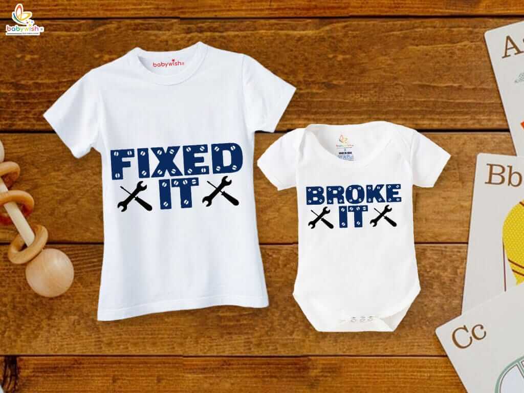 Father’s Day Special Combo White T-Shirts & Romper Sets for Father and Baby | Broke It Fixed It Matching Outfit Pack of 2 | Perfect Dad and Baby Gift - Babywish