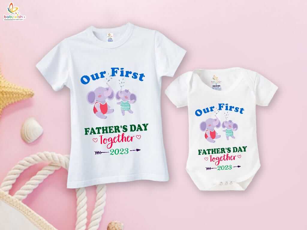 Father’s Day Special Combo White T-Shirts & Romper Set for Dad and Baby | Our First Father’s Day Together 2023 Elephant Print Matching Outfit Gift Pack of 2 - Babywish