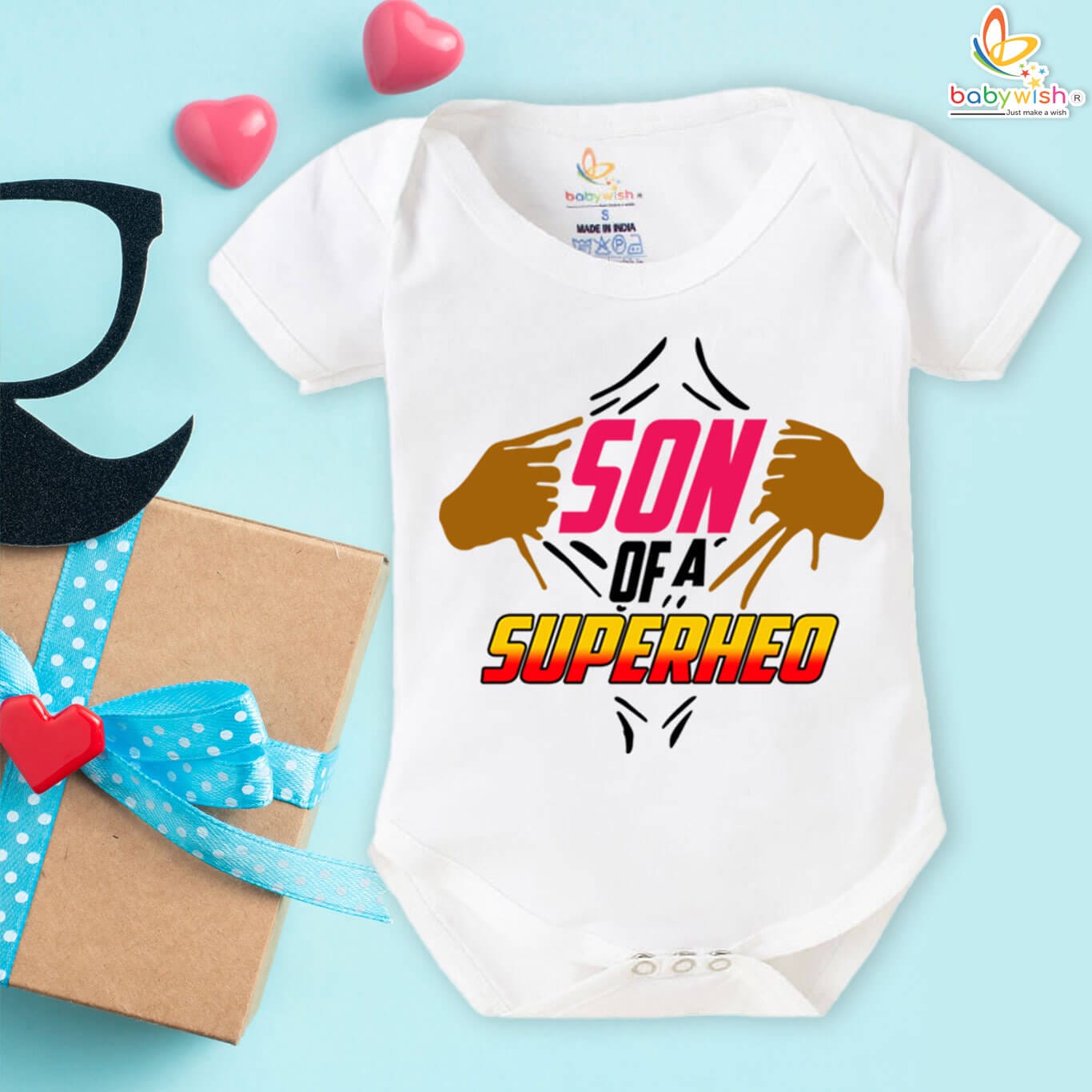 Father’s Day superhero baby romper with Son of a Superhero design by Babywish