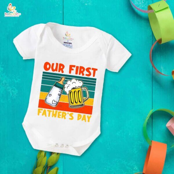 Fathers Day Special Combo White T-Shirts and Romper Sets for Father and baby Combo Pack of 2 | Our First Father's Day Milk Bottle & Glass Print| - Image 3
