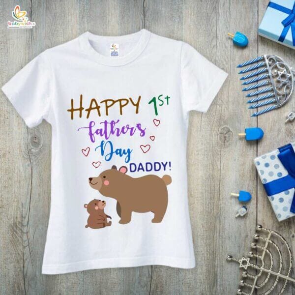 Fathers Day Special Combo White T-Shirts and Romper Sets for Father and baby Combo Pack of 2 | Happy 1st Father's Day Daddy Bear Print| - Image 2