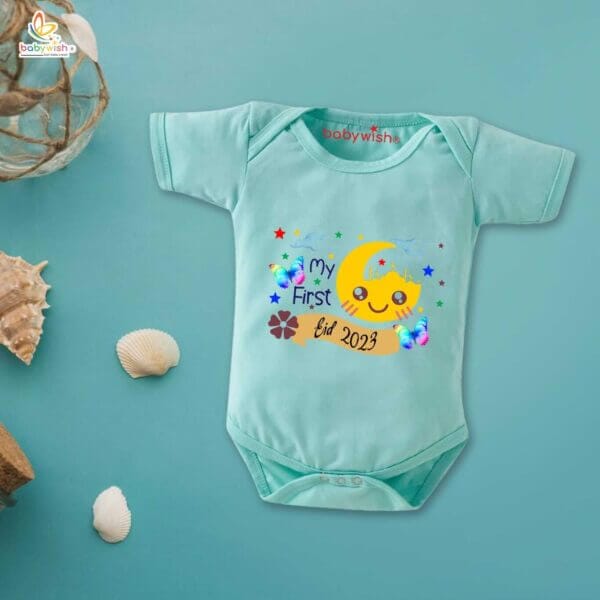 Baby First Eid Romper Clothes Baby Ramadan festival Bodysuits Newborn Outfit Envelop Neck Half Sleeve Unisex Onesies " First Eid Festivals in 2023 " - Image 2