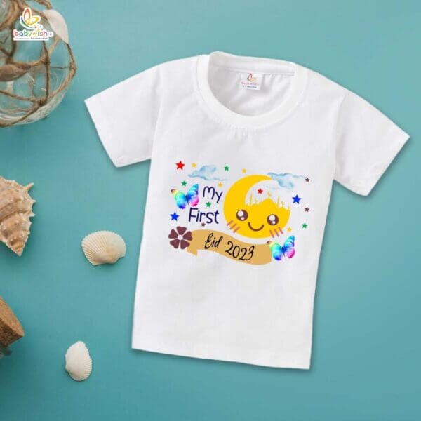 Eid T-shirt for Kids Unisex Ramadan Topwear Outfit Printed Half Sleeve Tshirt Dress for Boy n Girl " First Eid Festivals in 2023 " - Image 2