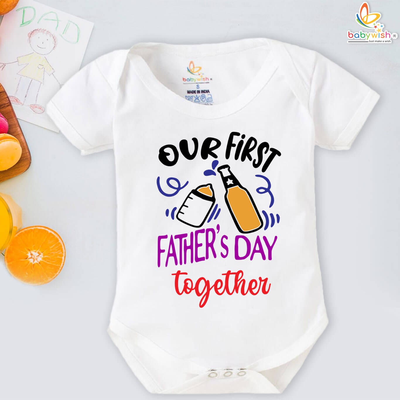 Funny first Father’s Day baby romper with bottle and beer cheers design – Babywish
