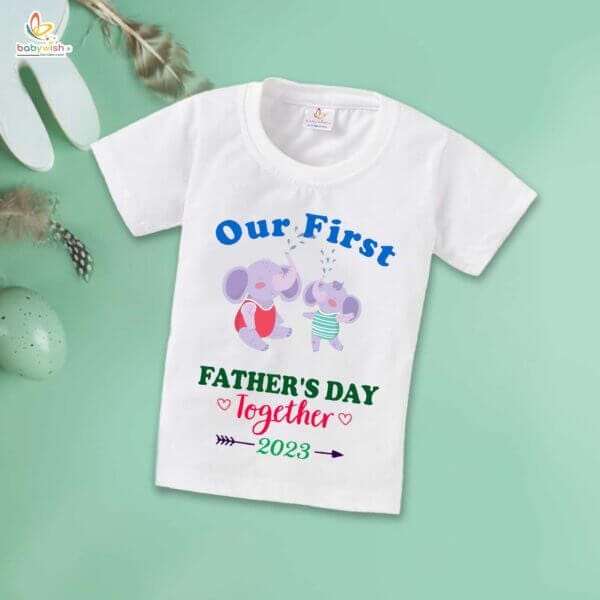 Fathers Day Special Combo White T-Shirts Sets for Father and KId Combo Pack of 2 | Our First Father's Day Together 2023 Elephant Print| - Image 3